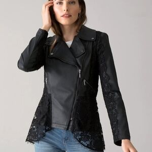 White House Black Market Lace Trimmed Coated Denim Moto Jacket 8